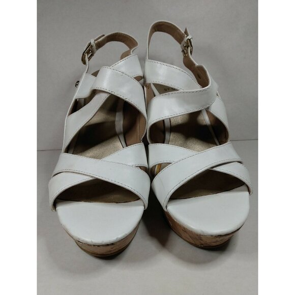 G by Guess Women's White Faux Leather 5" Cork Wedge Heel Strappy Sandal 8.5 M - Picture 3 of 12